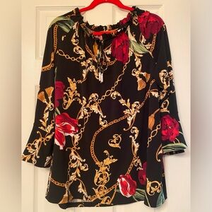 Susan Graver plus size XL tunic blouse classy rose 🌹 and gold chain print